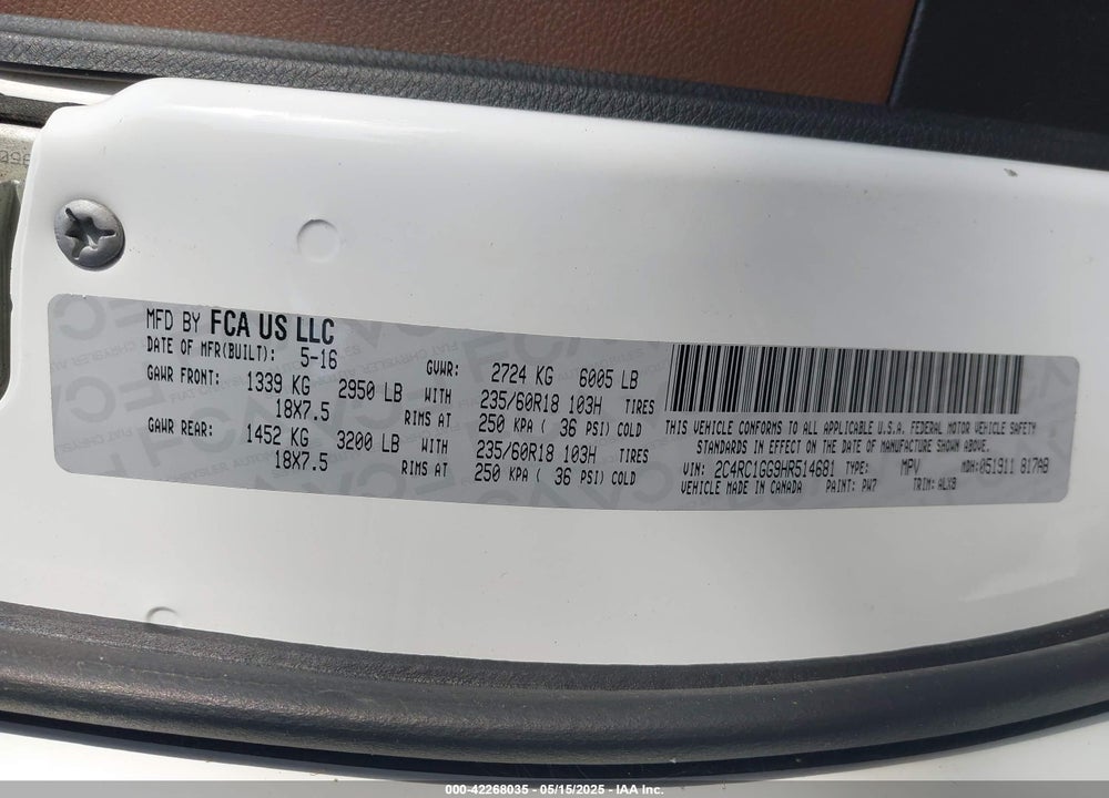 2017 CHRYSLER PACIFICA LIMITED VIN: 2C4RC1GG9HR514681