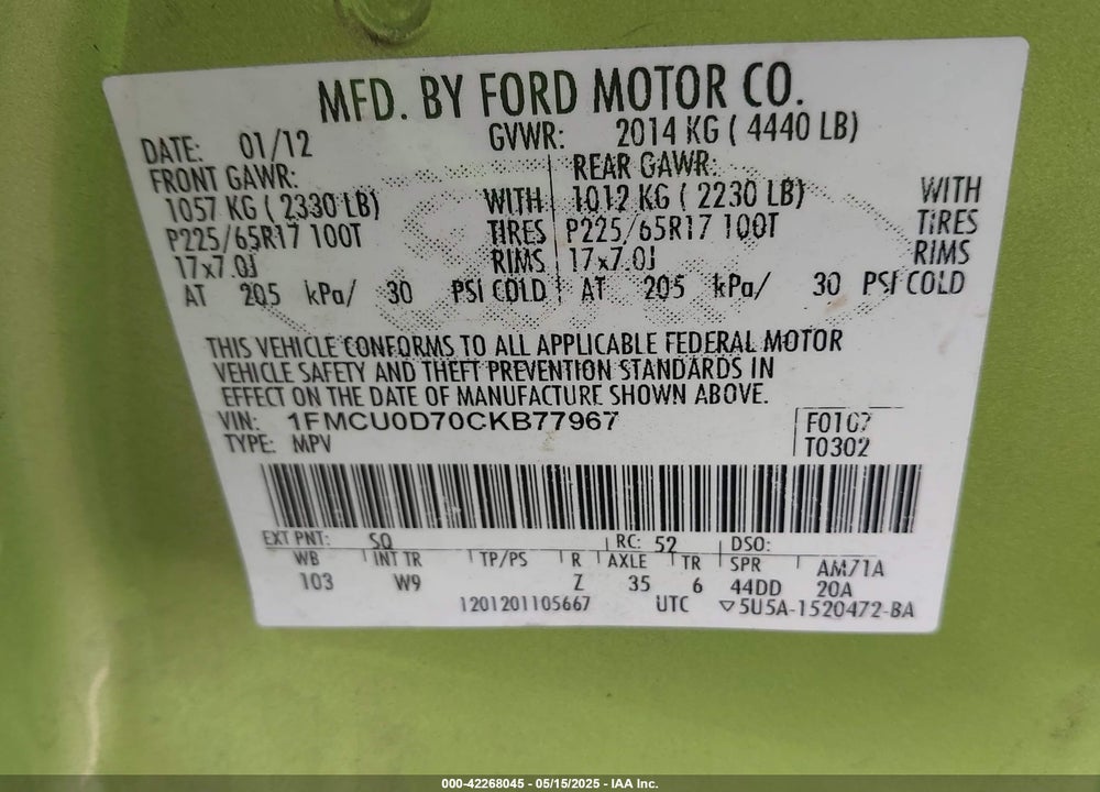 2012 FORD ESCAPE XLT VIN: 1FMCU0D70CKB77967