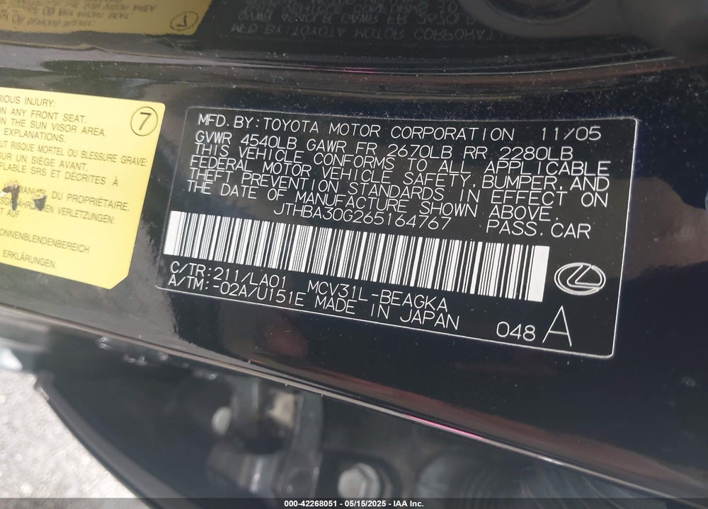 2006 LEXUS ES 330 VIN: JTHBA30G265164767
