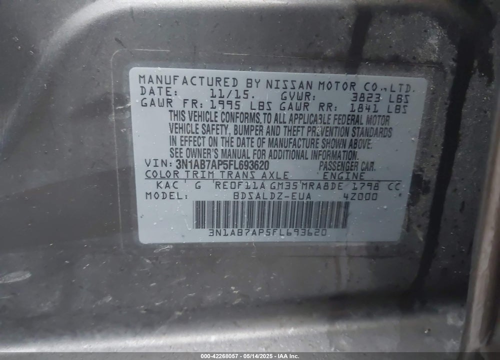 2015 NISSAN SENTRA SV VIN: 3N1AB7AP5FL693620