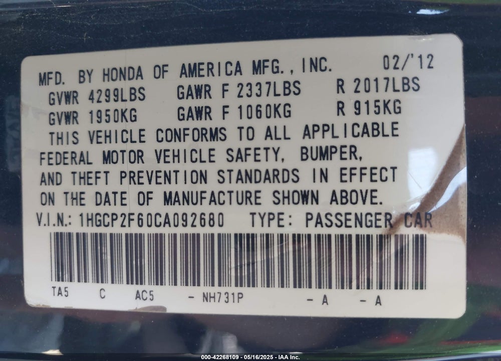 2012 HONDA ACCORD VIN: 1HGCP2F60CA092680