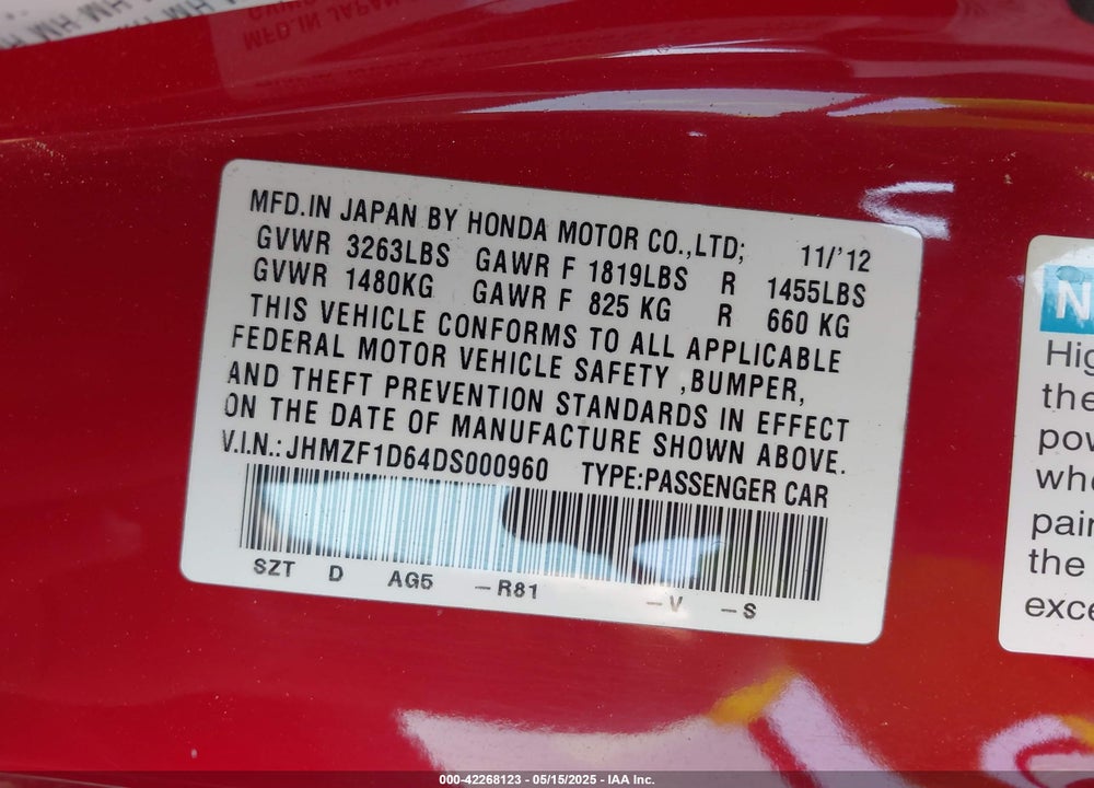2013 HONDA CR-Z VIN: JHMZF1D64DS000960