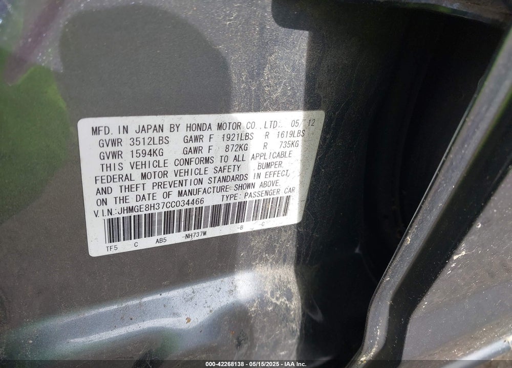 2012 HONDA FIT VIN: JHMGE8H37CC034466