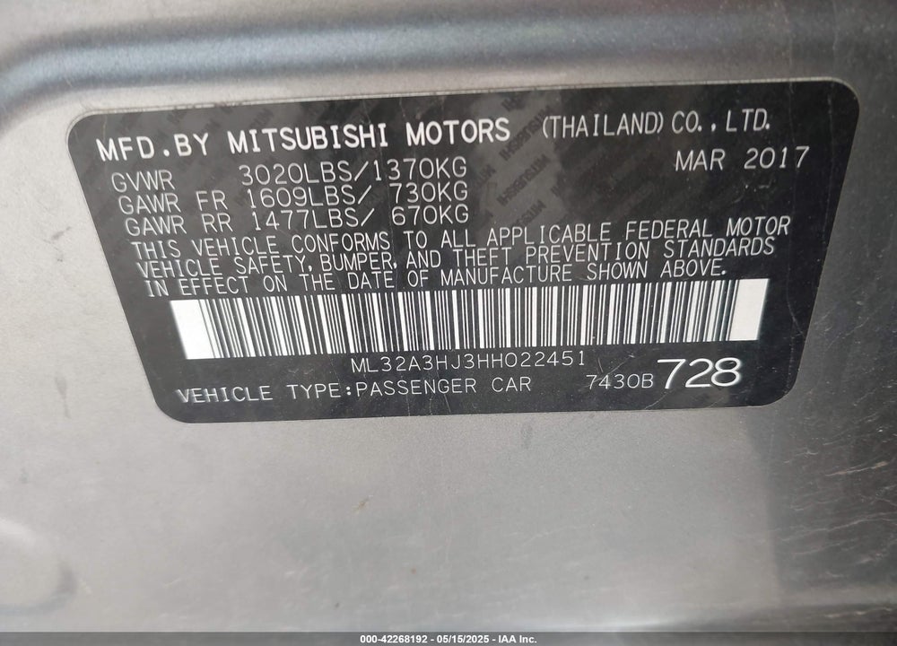 2017 MITSUBISHI MIRAGE VIN: ML32A3HJ3HH022451