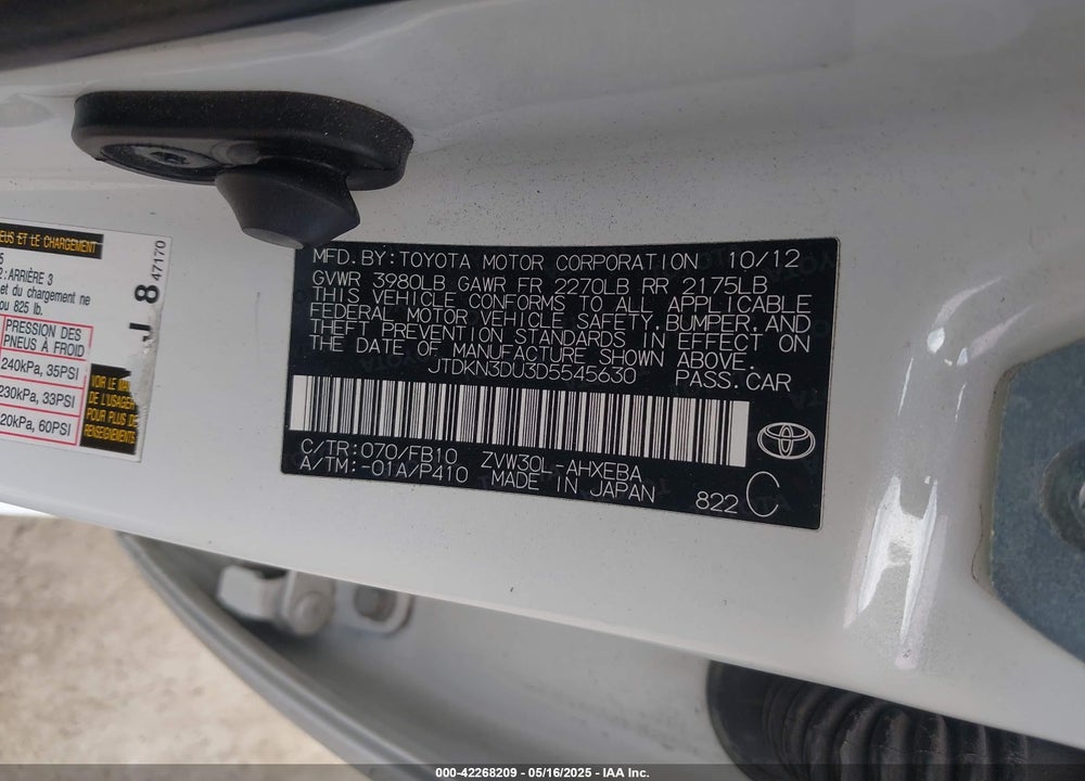 2013 TOYOTA PRIUS VIN: JTDKN3DU3D5545630