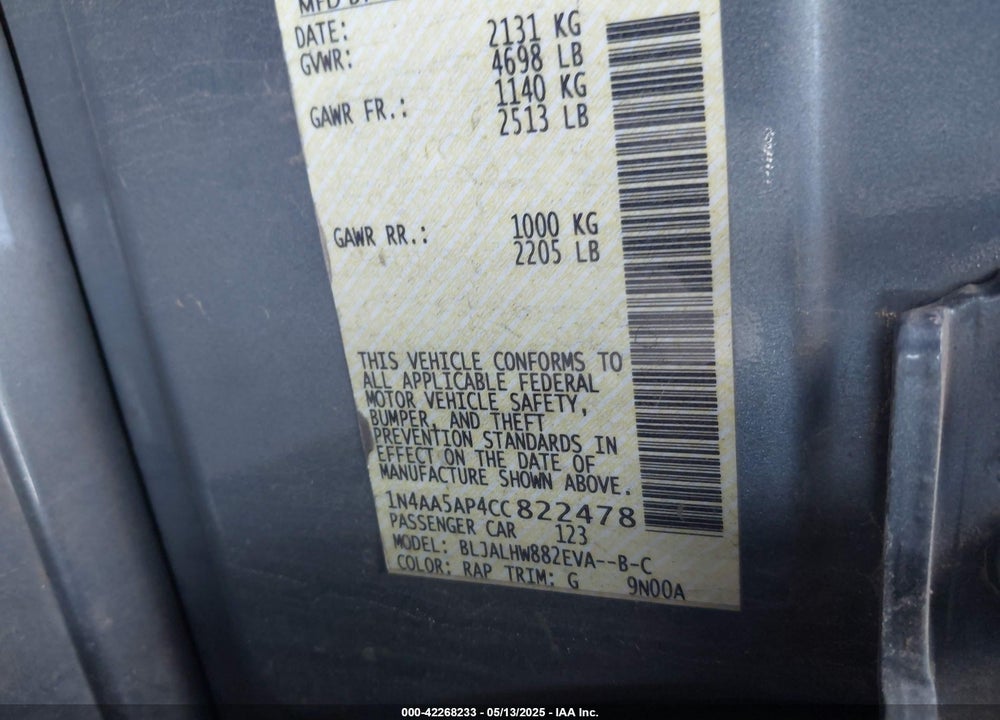 2012 NISSAN MAXIMA VIN: 1N4AA5AP4CC822478