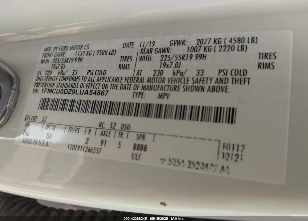 2020 FORD ESCAPE VIN: 1FMCU0DZ9LUA54867