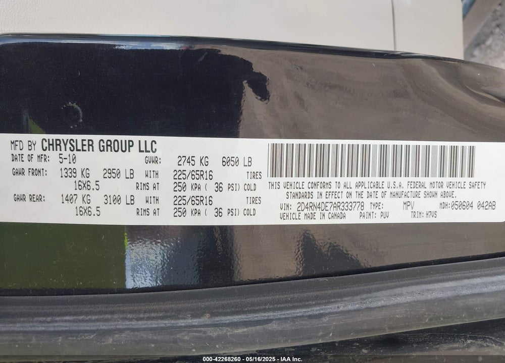 2010 DODGE GRAND CARAVAN SE VIN: 2D4RN4DE7AR333778