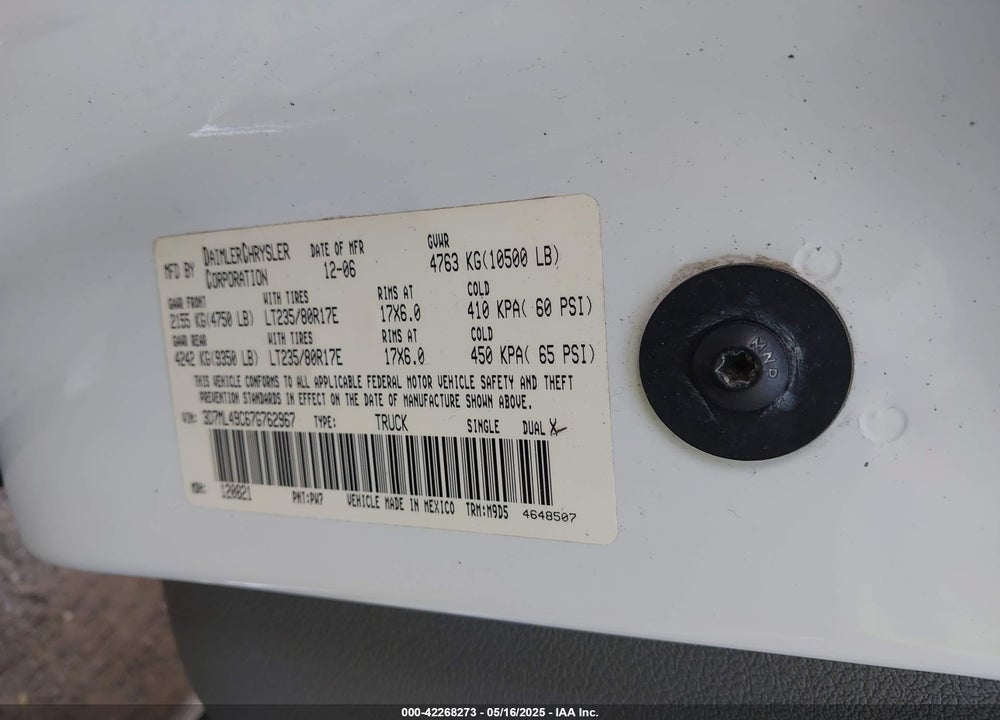 2007 DODGE RAM 3500 SLT VIN: 3D7ML49C67G762967