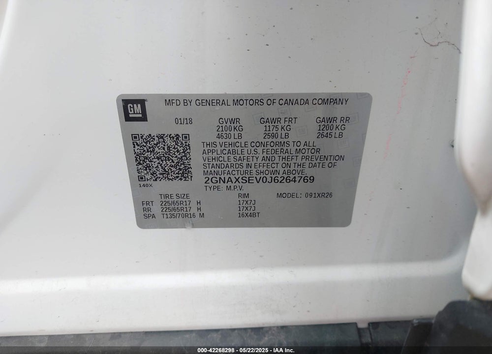 2018 CHEVROLET EQUINOX LT VIN: 2GNAXSEV0J6264769