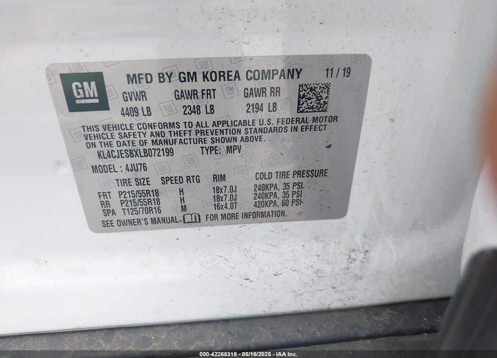 2020 BUICK ENCORE VIN: KL4CJESBXLB072199