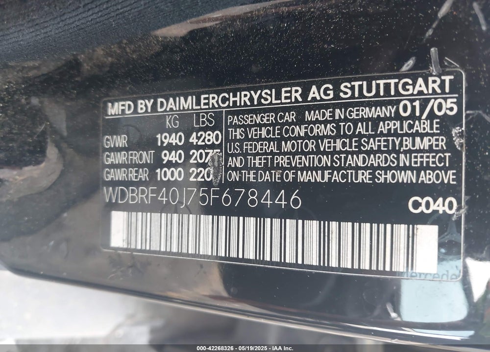 2005 MERCEDES-BENZ C 230 KOMPRESSOR SPORT VIN: WDBRF40J75F678446