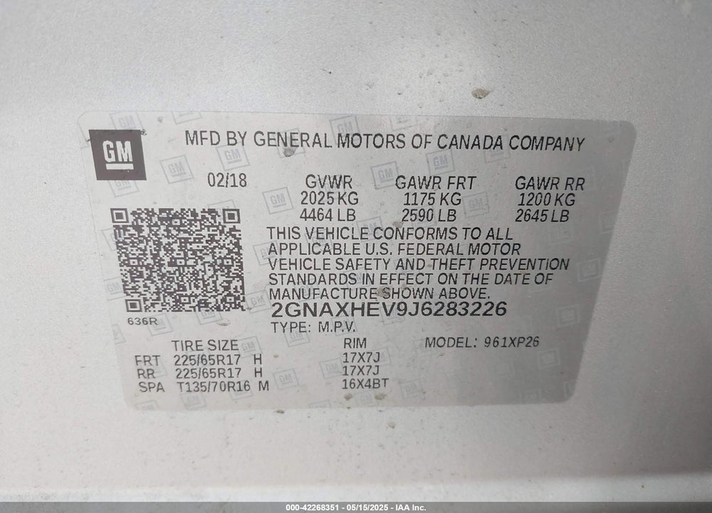 2018 CHEVROLET EQUINOX VIN: 2GNAXHEV9J6283226