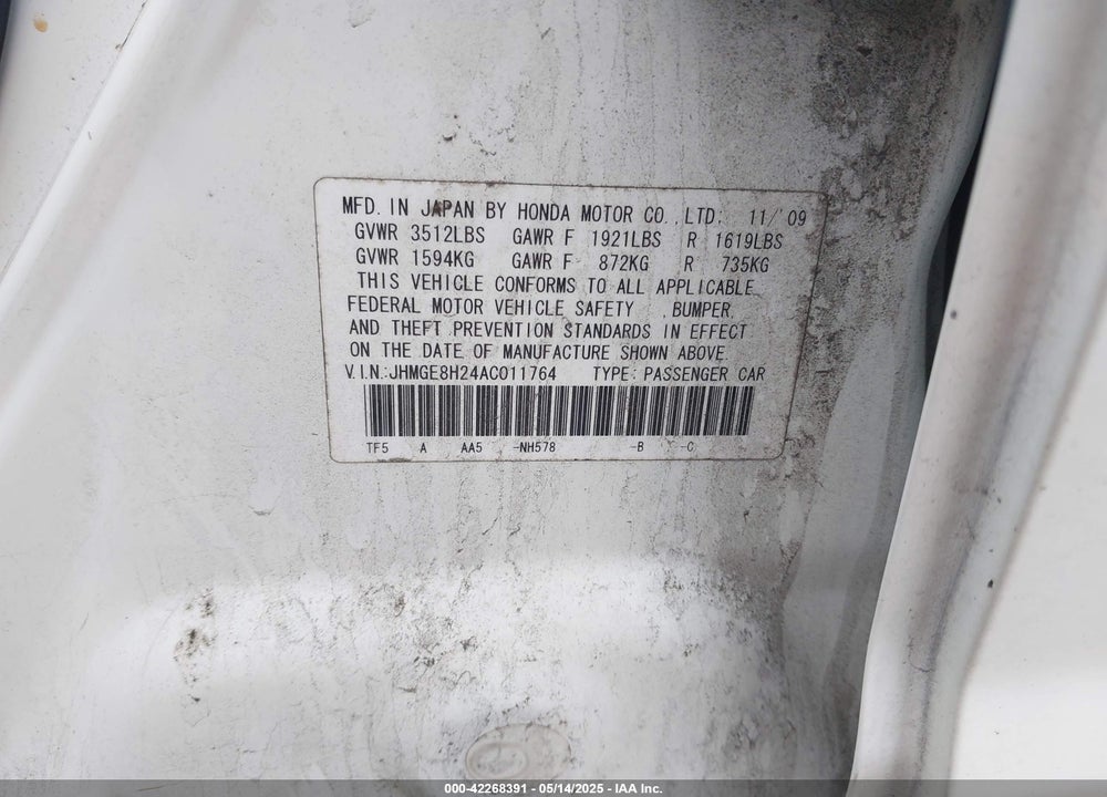 2010 HONDA FIT VIN: JHMGE8H24AC011764