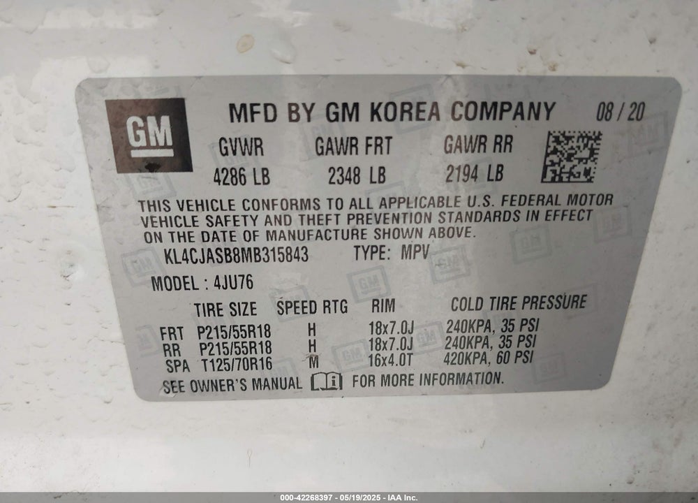 2021 BUICK ENCORE FWD PREFERRED VIN: KL4CJASB8MB315843