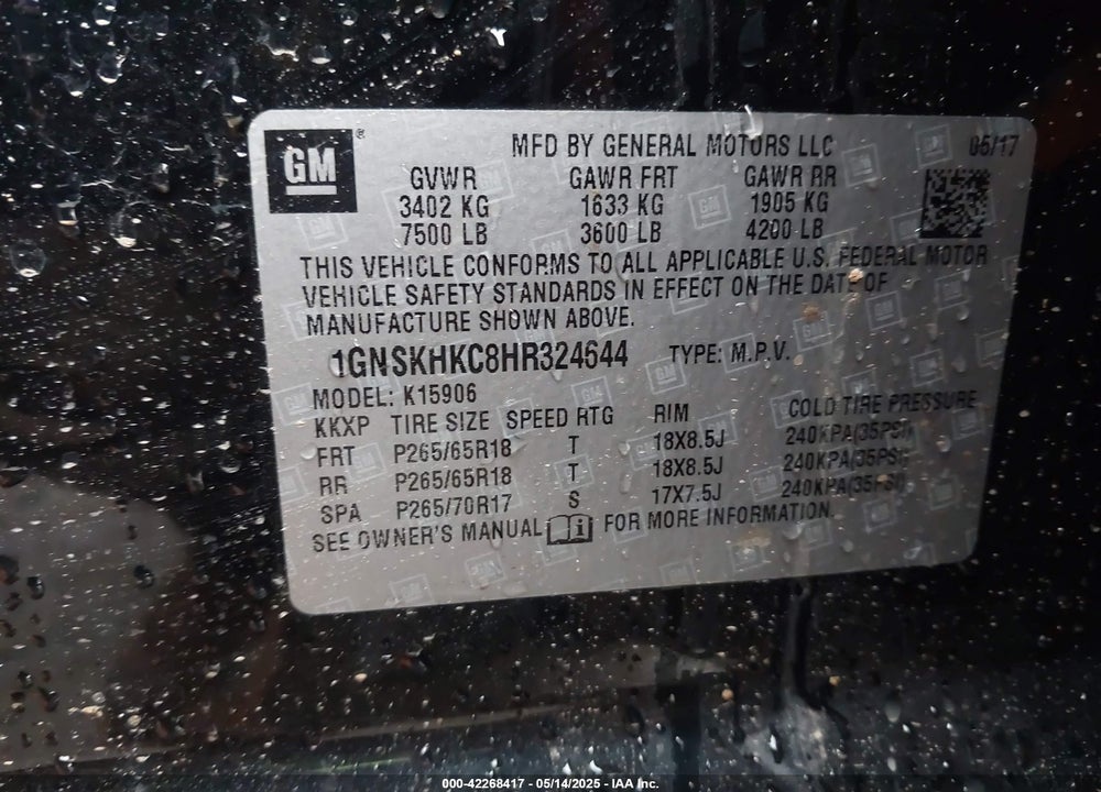 2017 CHEVROLET SUBURBAN LT VIN: 1GNSKHKC8HR324644