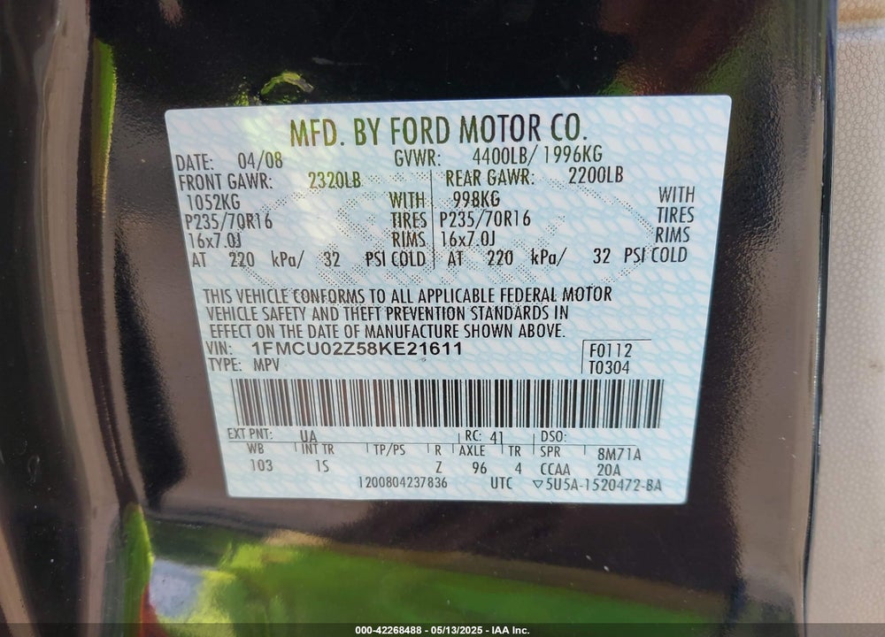 2008 FORD ESCAPE XLS/XLS MANUAL VIN: 1FMCU02Z58KE21611