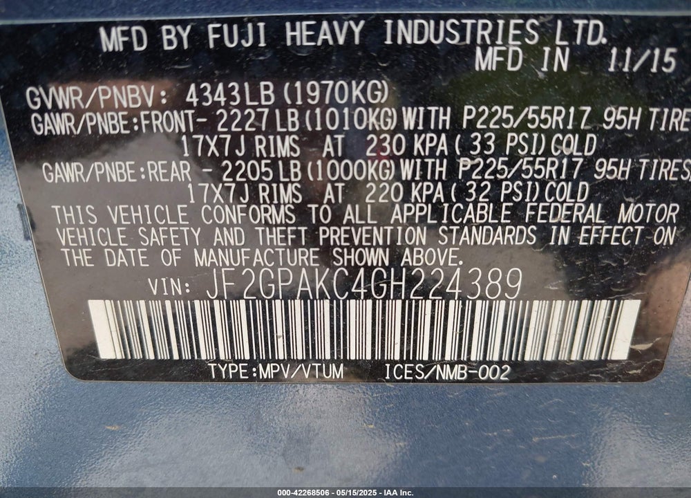2016 SUBARU CROSSTREK VIN: JF2GPAKC4GH224389