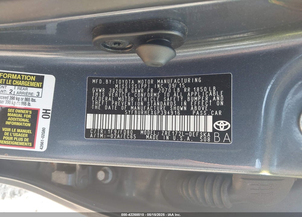 2016 TOYOTA COROLLA VIN: 5YFBURHEXGP394916