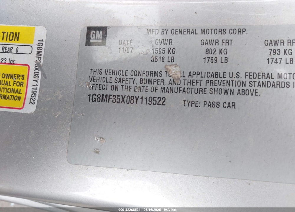 2008 SATURN SKY VIN: 1G8MF35X08Y119522