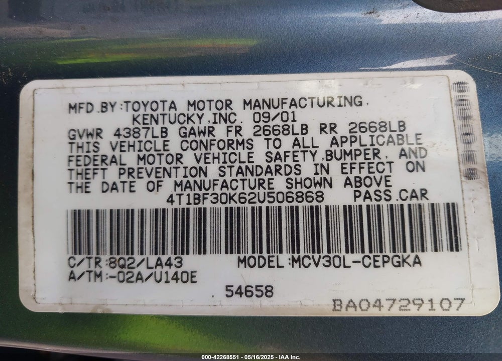 2002 TOYOTA CAMRY XLE V6 VIN: 4T1BF30K62U506868