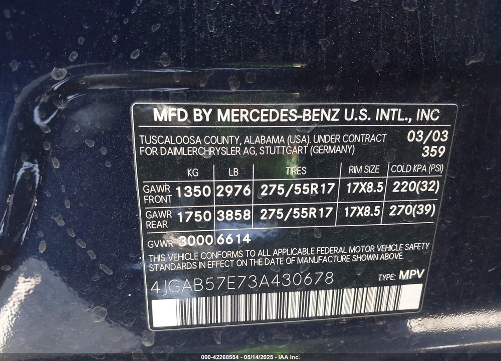2003 MERCEDES-BENZ ML 350 VIN: 4JGAB57E73A430678