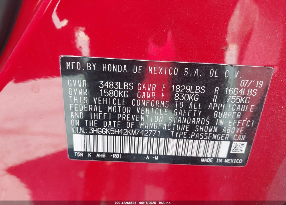 2019 HONDA FIT VIN: 3HGGK5H42KM742771