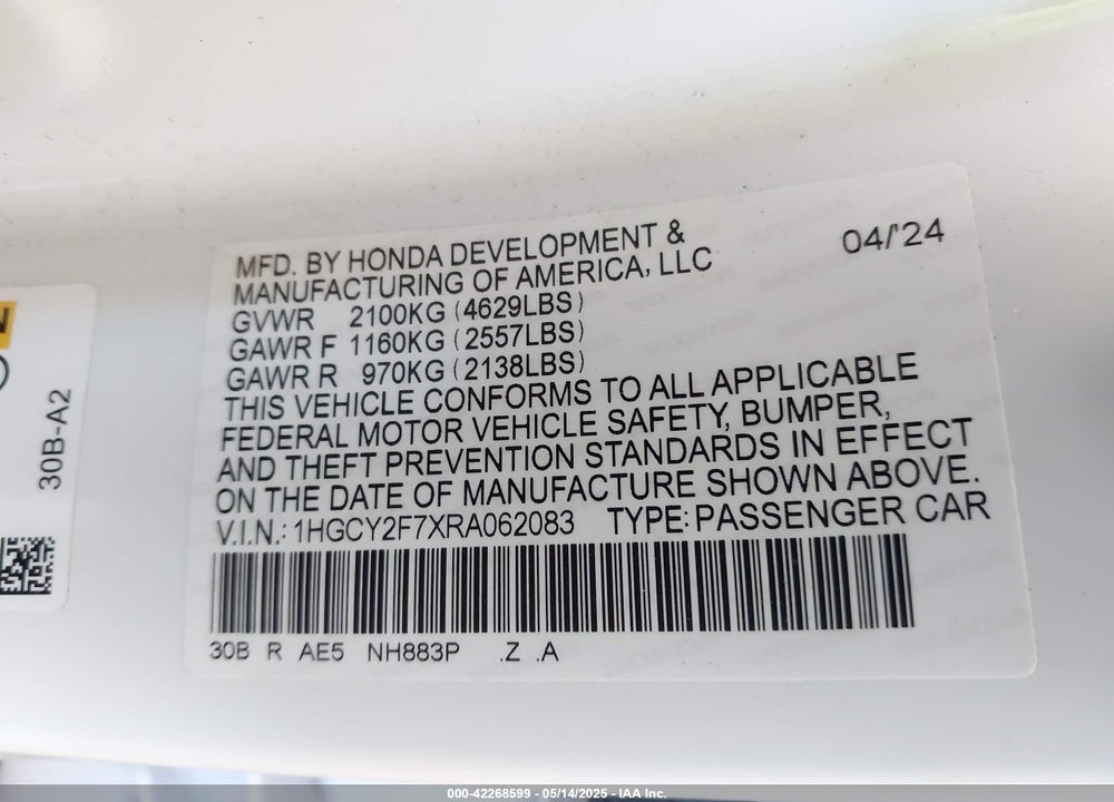 2024 HONDA ACCORD VIN: 1HGCY2F7XRA062083
