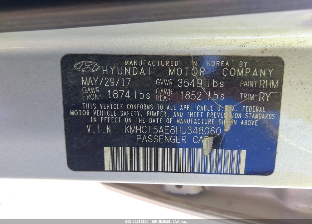 2017 HYUNDAI ACCENT SE VIN: KMHCT5AE8HU348060