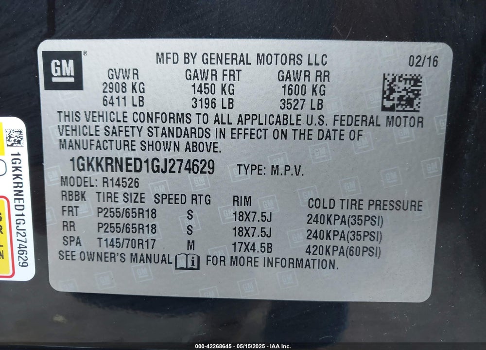2016 GMC ACADIA VIN: 1GKKRNED1GJ274629