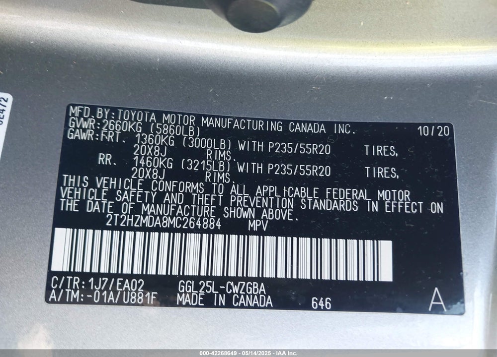 2021 LEXUS RX350 VIN: 2T2HZMDA8MC264884