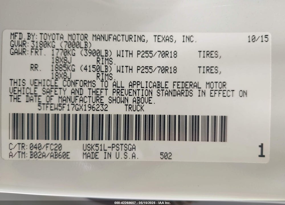 2016 TOYOTA TUNDRA VIN: 5TFEW5F17GX196232