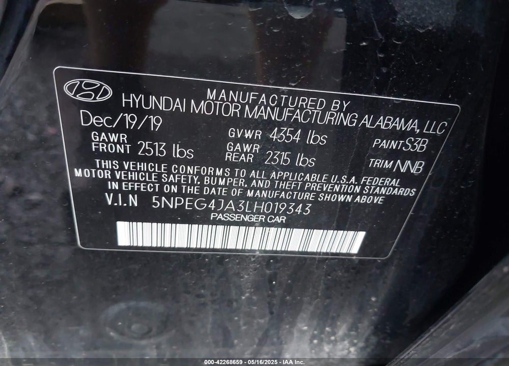 2020 HYUNDAI SONATA SE VIN: 5NPEG4JA3LH019343