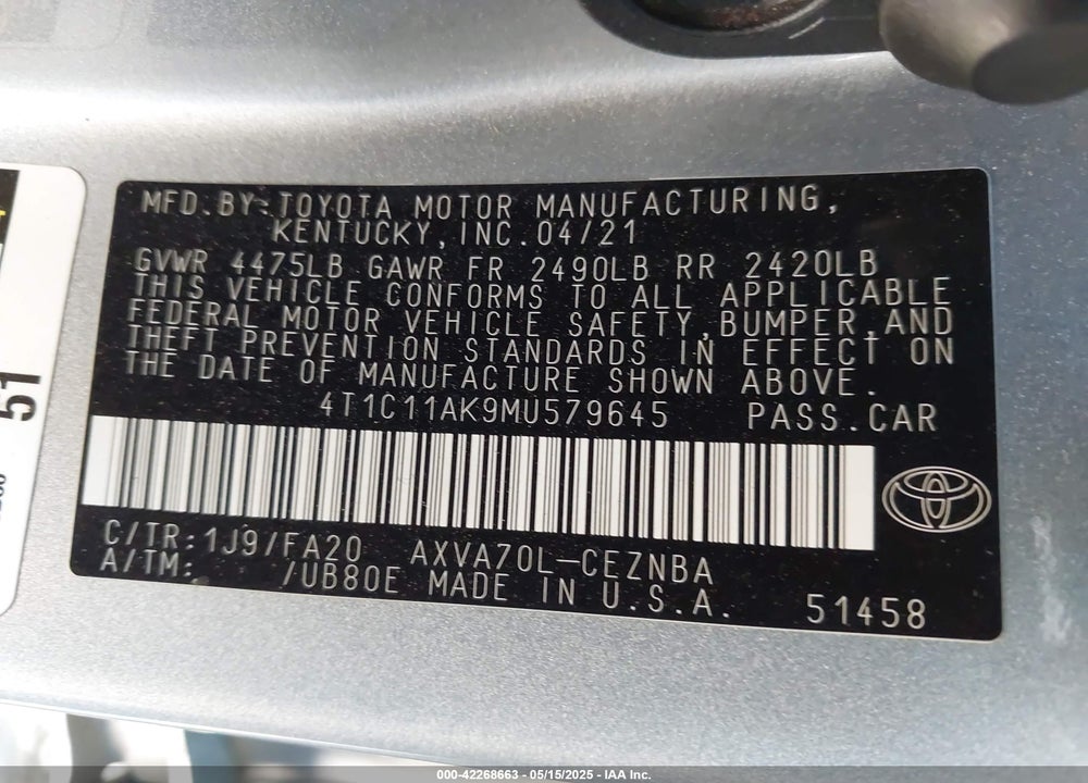 2021 TOYOTA CAMRY LE VIN: 4T1C11AK9MU579645
