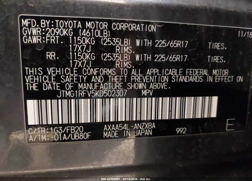 2019 TOYOTA RAV4 VIN: JTMG1RFV5KD502307