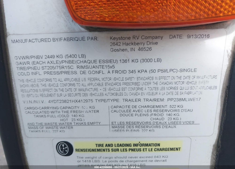 2017 KEYSTONE R PASSPORT VIN: 4YDT23821HX412975