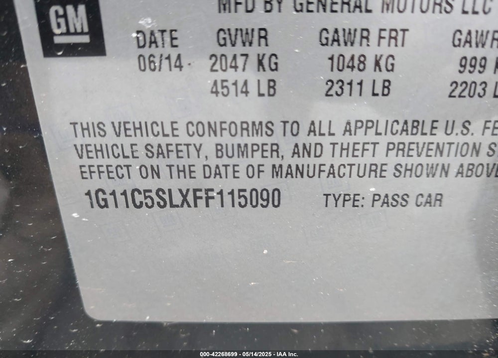 2015 CHEVROLET MALIBU 1LT VIN: 1G11C5SLXFF115090