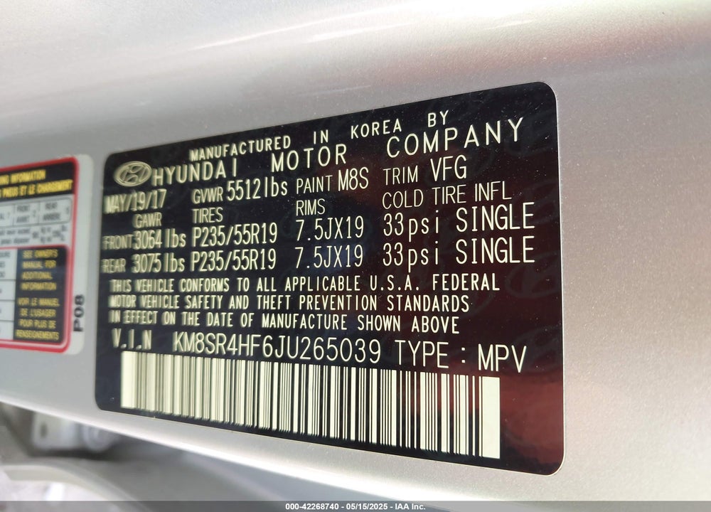2018 HYUNDAI SANTA FE SE ULTIMATE VIN: KM8SR4HF6JU265039