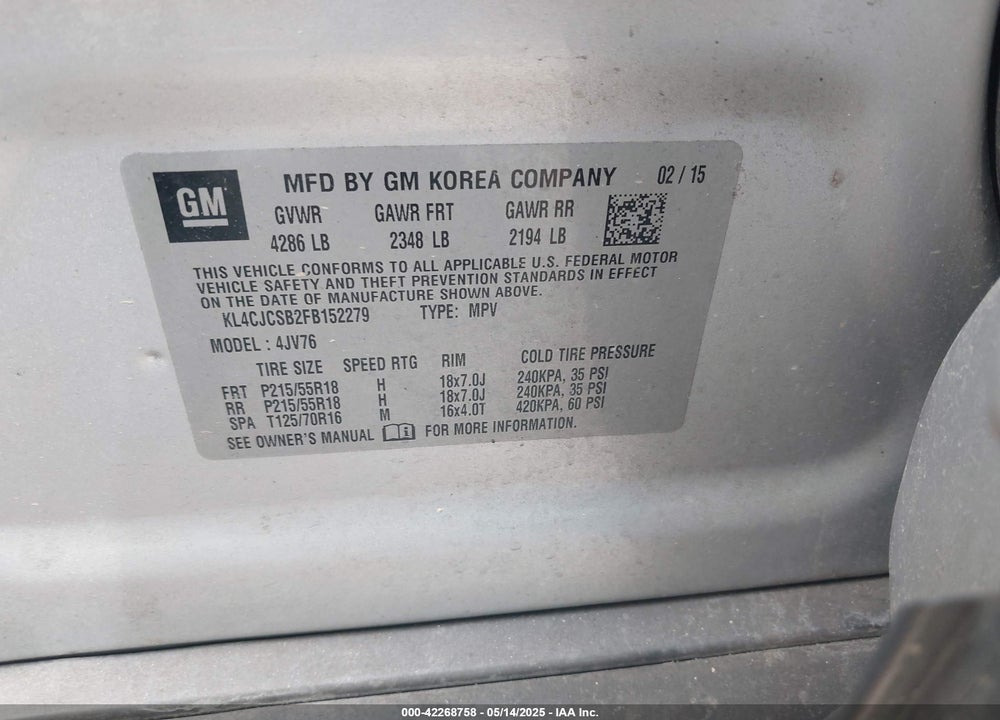 2015 BUICK ENCORE VIN: KL4CJCSB2FB152279