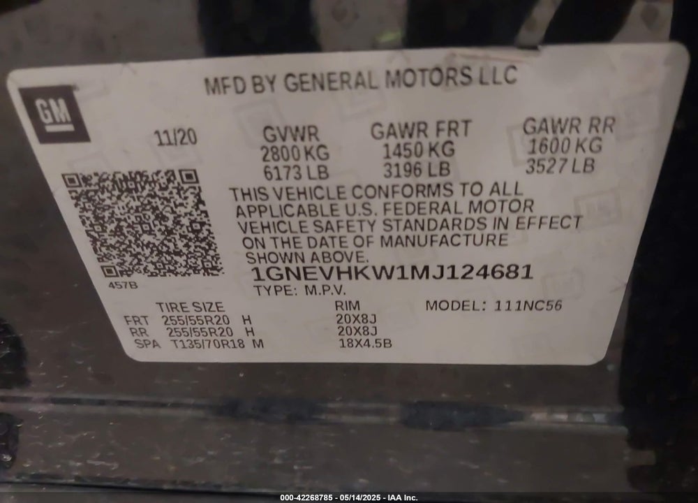 2021 CHEVROLET TRAVERSE VIN: 1GNEVHKW1MJ124681