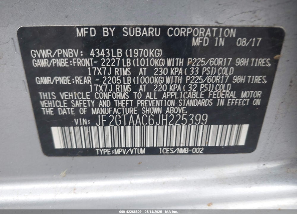 2018 SUBARU CROSSTREK VIN: JF2GTAAC6JH225399
