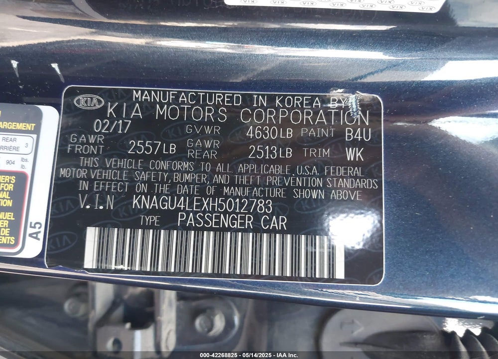 2017 KIA OPTIMA HYBRID VIN: KNAGU4LEXH5012783