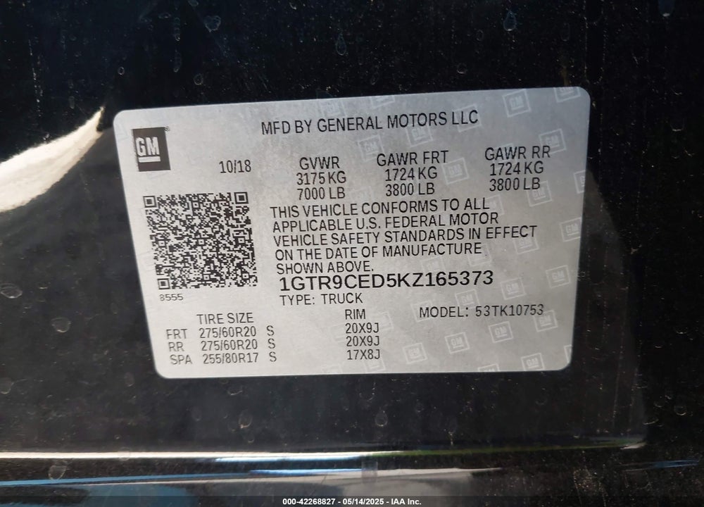 2019 GMC SIERRA 1500 ELEVATION VIN: 1GTR9CED5KZ165373