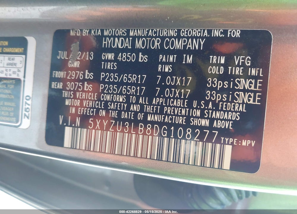 2013 HYUNDAI SANTA FE SPORT VIN: 5XYZU3LB8DG108277