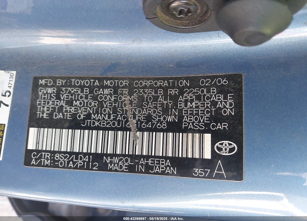 2006 TOYOTA PRIUS VIN: JTDKB20U163164768