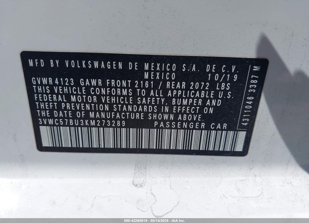 2019 VOLKSWAGEN JETTA VIN: 3VWC57BU3KM273289