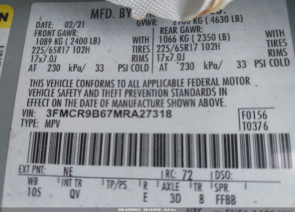 2021 FORD BRONCO SPORT BIG BEND VIN: 3FMCR9B67MRA27318