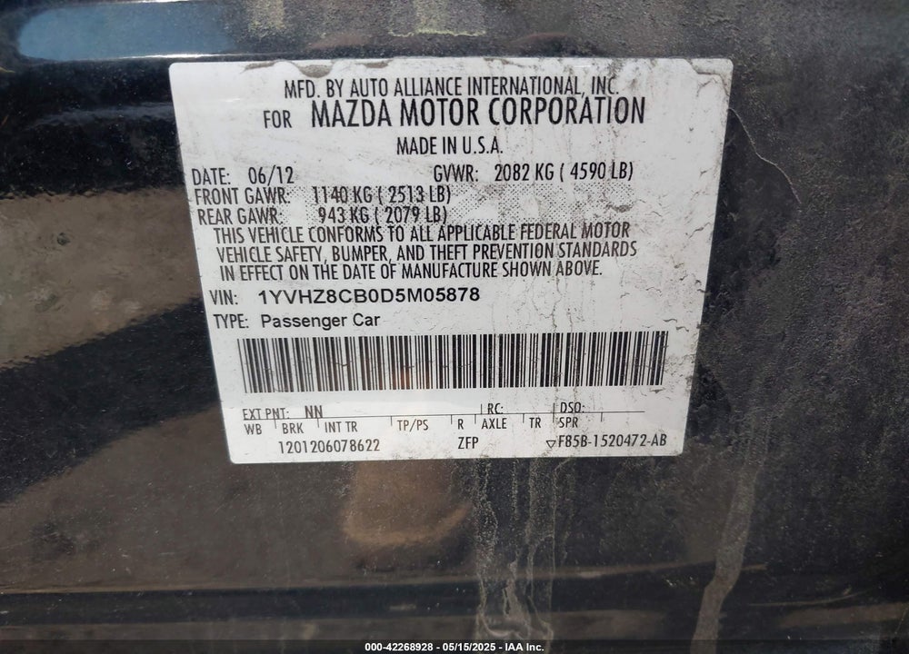 2013 MAZDA 6 S GRAND TOURING VIN: 1YVHZ8CB0D5M05878