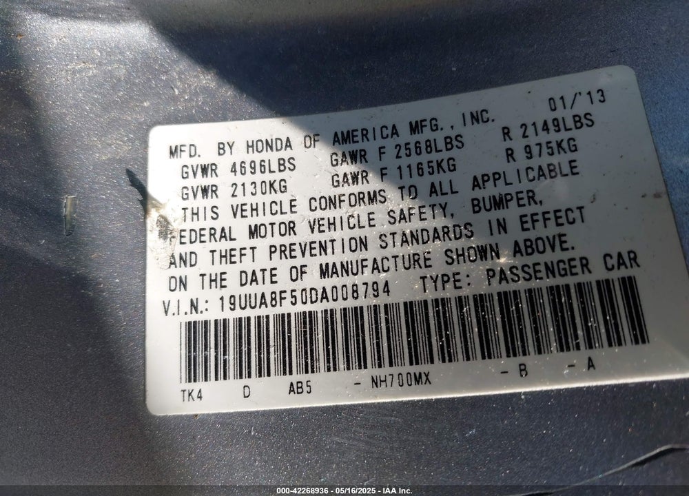 2013 ACURA TL 3.5 VIN: 19UUA8F50DA008794
