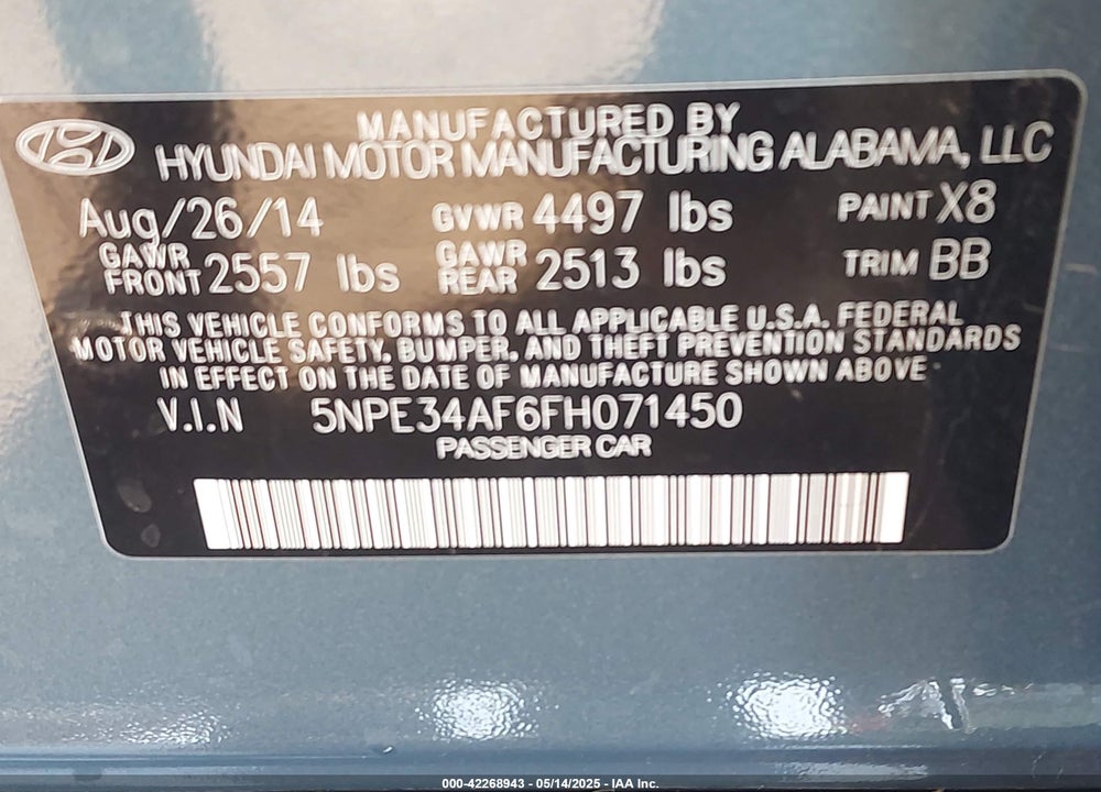 2015 HYUNDAI SONATA VIN: 5NPE34AF6FH071450